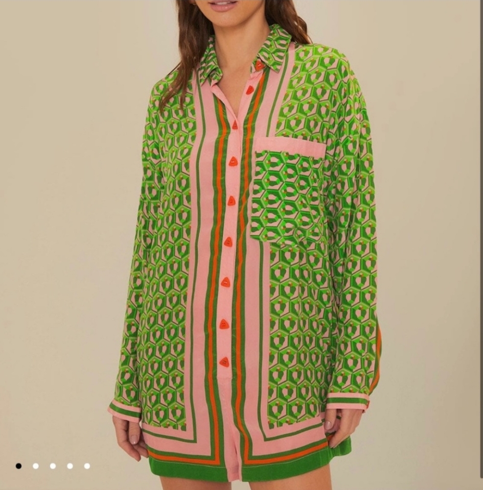 FARM Rio Pink and Green Geometric Button-Up Romper